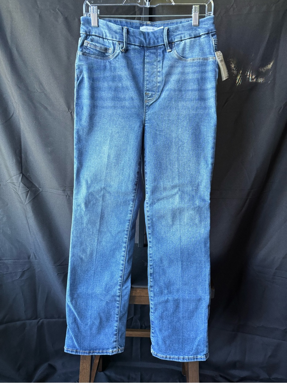 Good American Women's Pull On Power Stretch Blue Straight Leg Jeans